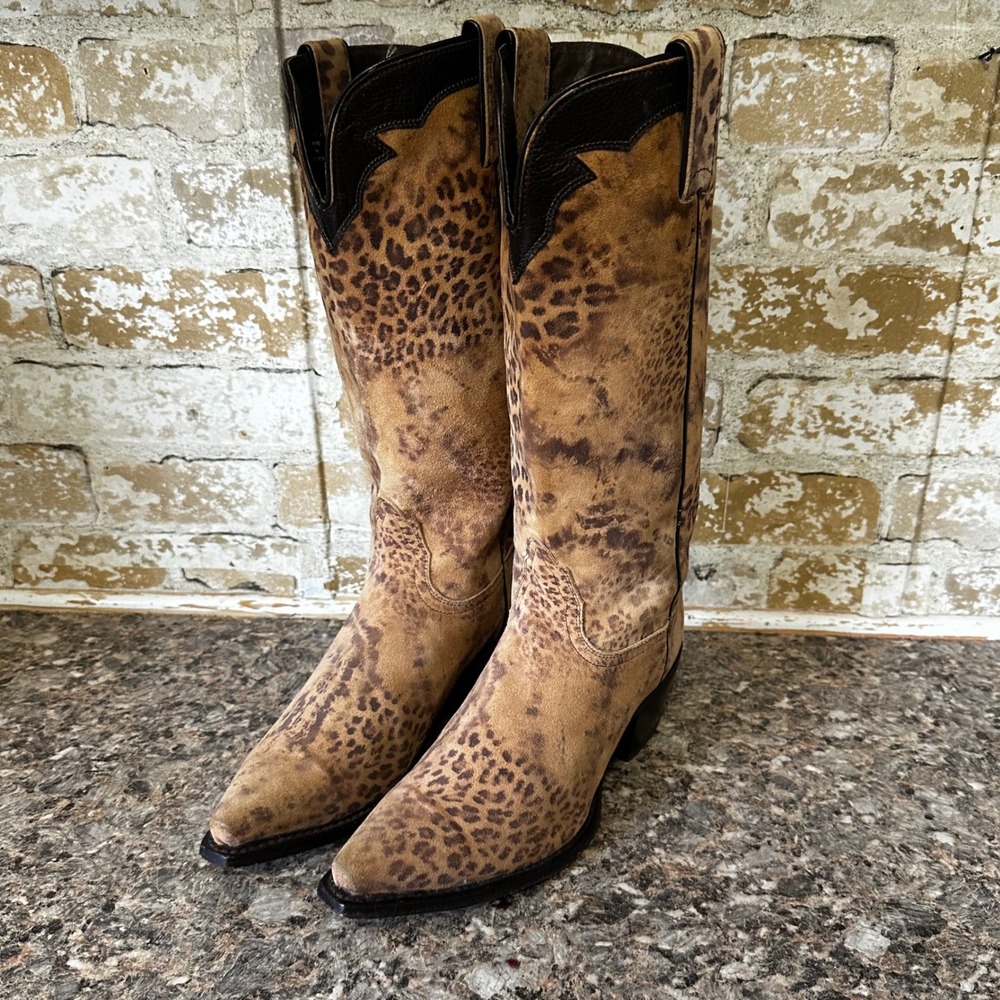 Nocona Western Boots Women 7.5B Tan Leopard Print Suede Good NL5301 Pointed Toe